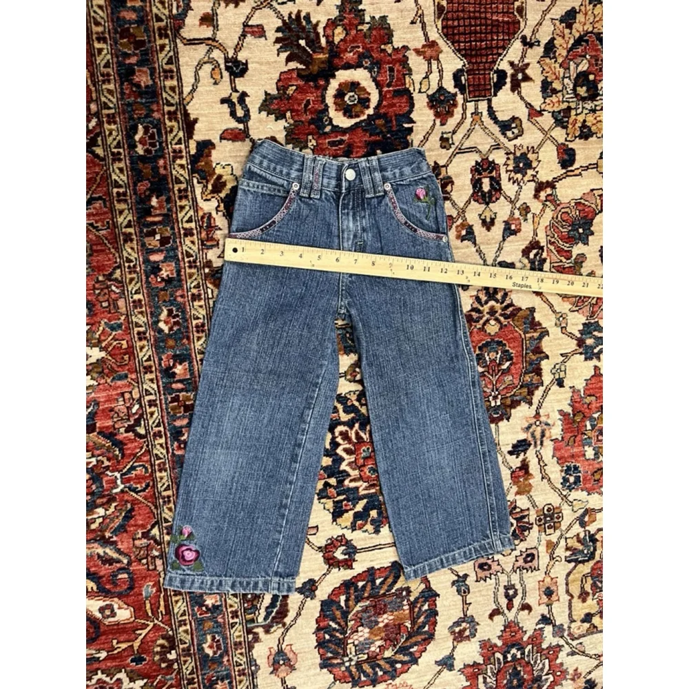 Vintage OshKosh Little Girl Floral Embroidered Wide Leg Stretch Jeans Size 5
